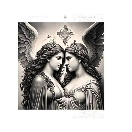 A vertical, black and grey realism tattoo depicting the separation of two goddess-like female figures. The upper angel i tattoo design idea