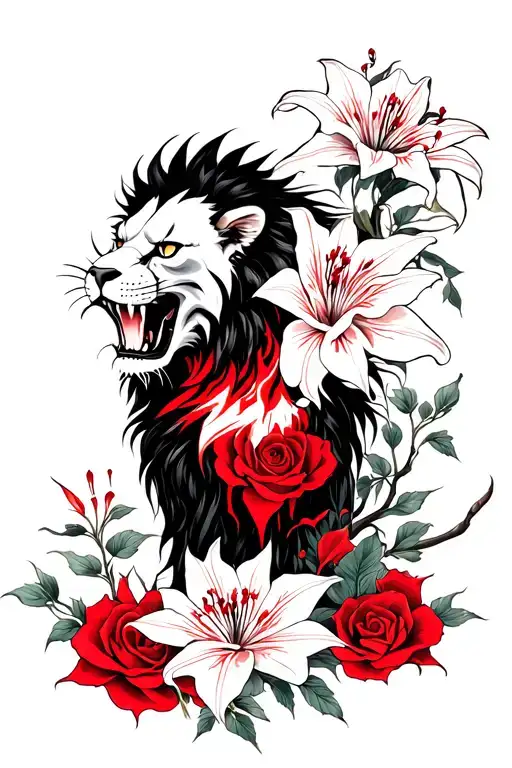 LEO/LION,  BLACK AND RED, SPIDER LILY, SPIKEY ROSES, BLOODY, GRIM REAPER, DEATH, LIKE YAKUZA FOR BACK TATTOO  tattoo design idea