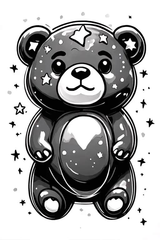 minimalistic line tattoo working around a gummy bear and going from upper thigh to hip. small though, and using stars tattoo design idea