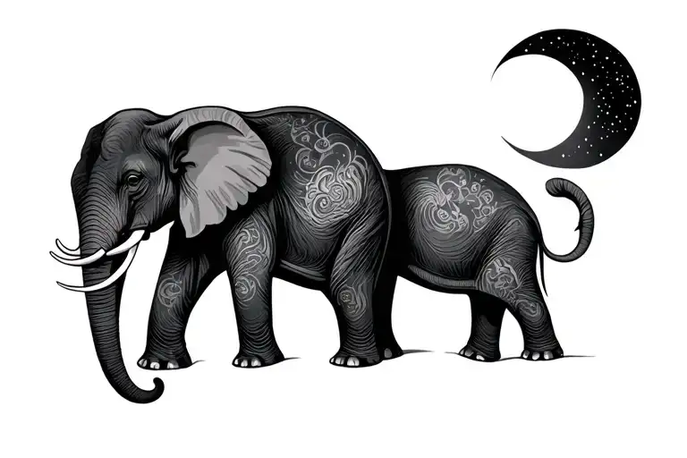 fine line elephants with night sky and moon tattoo design idea