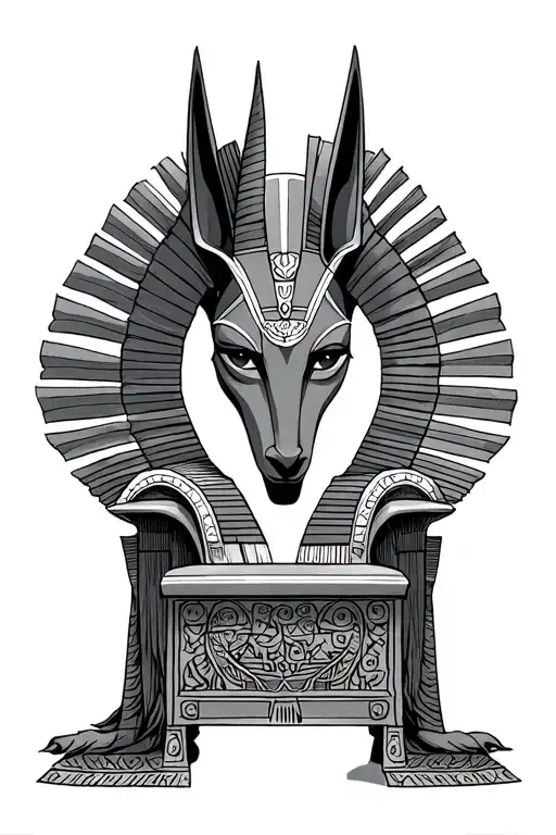 Anubis and Ra staying face to face, empty throne in the middle, shining eyes tattoo design idea