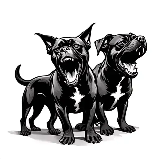 design 3 black work angry barking dogs. one in the middle and one on each side facing opposite directions tattoo design idea