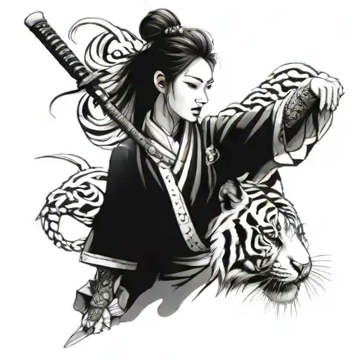 tiger samurai women face tattoo design idea