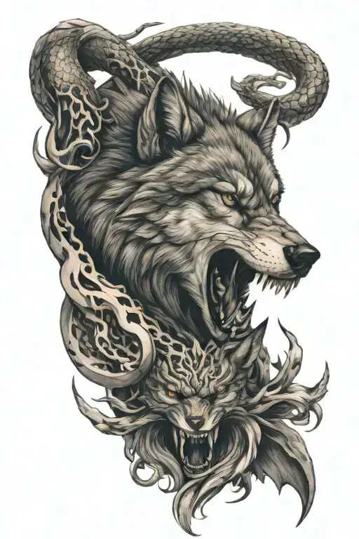 the words renascitur igni, Angry Wolf, snake, perseverance, life, death, on shoulder and bicep tattoo design idea