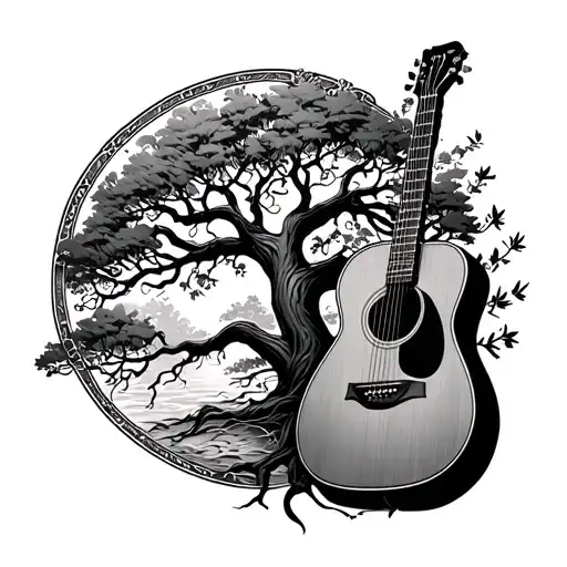 acoustic guitar surrounding the Tree of Life tattoo design idea