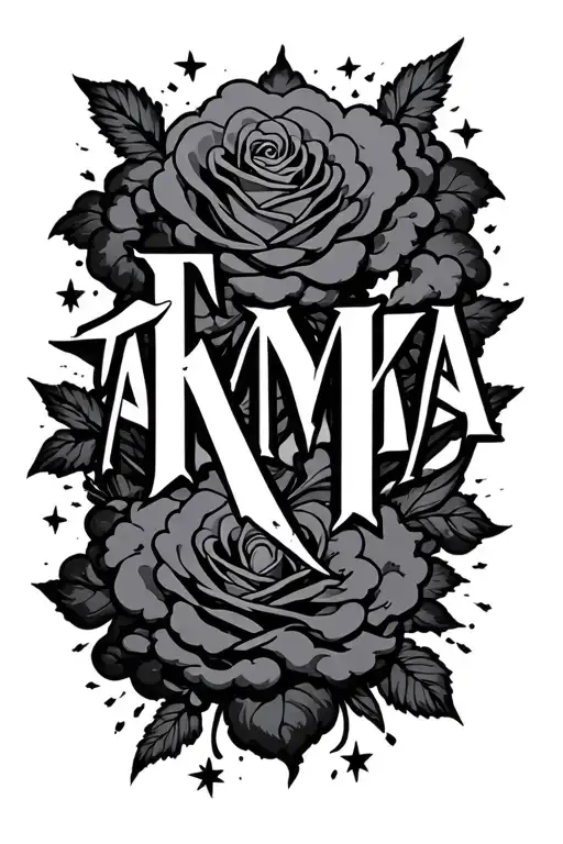 "TAMEKIA" clouds with stars spreaded out the last a is supposed to be a rose tattoo design idea
