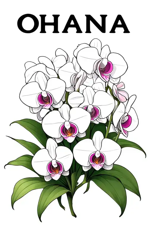 the word OHANA overlapping a bunch of white orchids intertwined tattoo design idea