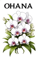 the word OHANA overlapping a bunch of white orchids intertwined tattoo design idea