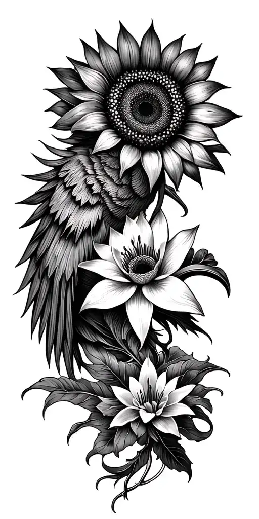 sunflower, lotus, spider lily with phoenix intertwined  tattoo design idea