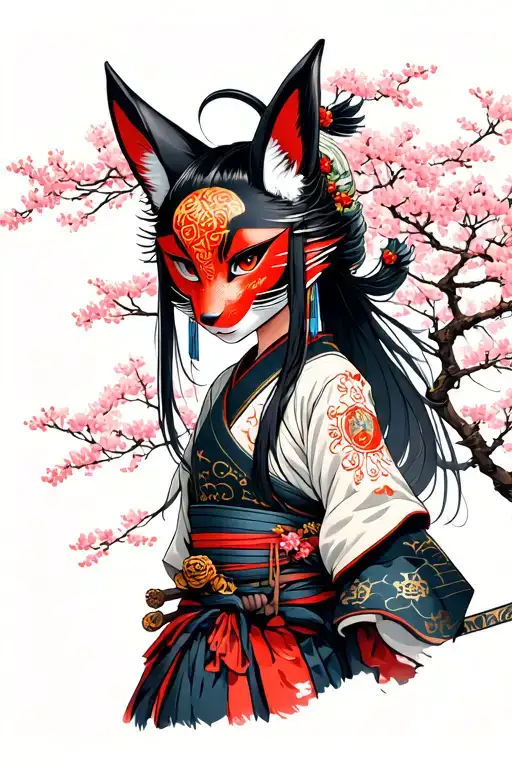 samurai woman with a kitsune mask above the head and a sakura tree behind her tattoo design idea