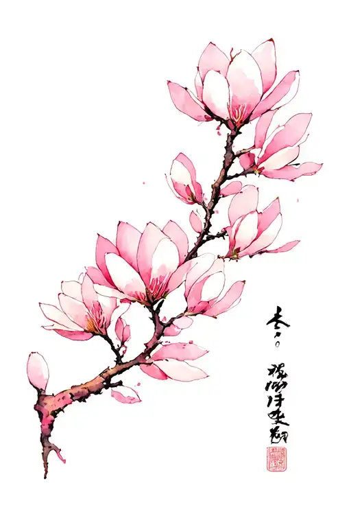 A Japanese-inspired illustration featuring a delicate branch adorned with vertically arranged soft pink magnolia blossom tattoo design idea