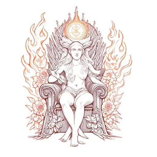 A celestial throne with the Aries and Cancer zodiac signs carved into the arms, surrounded by flowers and flames tattoo design idea