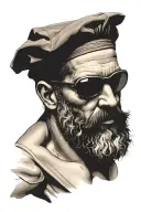 muscular greek man with blindfold over his eyes saying shh tattoo design idea