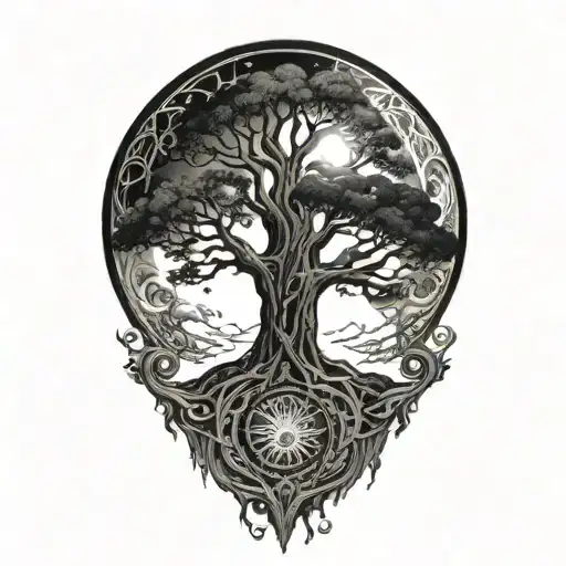 tree of life and sun and moon tattoo design idea