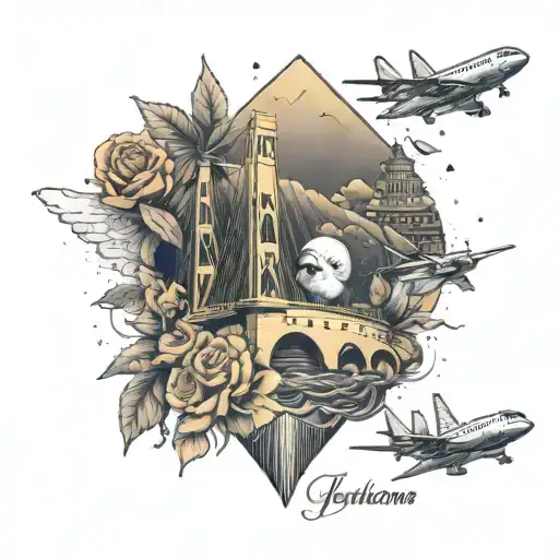 Golden Bridge, house with a spire, airplane, bouquet of roses, American Bully, penguins, letter tattoo design idea