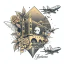Golden Bridge, house with a spire, airplane, bouquet of roses, American Bully, penguins, letter tattoo design idea