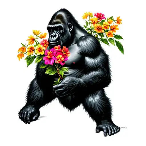 Gorilla holding flowers tattoo design idea