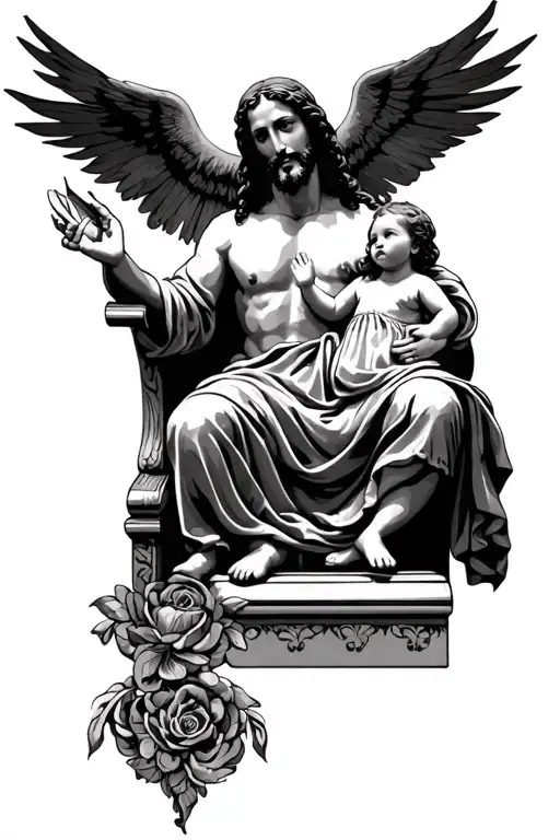 jesus on the throne holding baby girl tattoo design idea