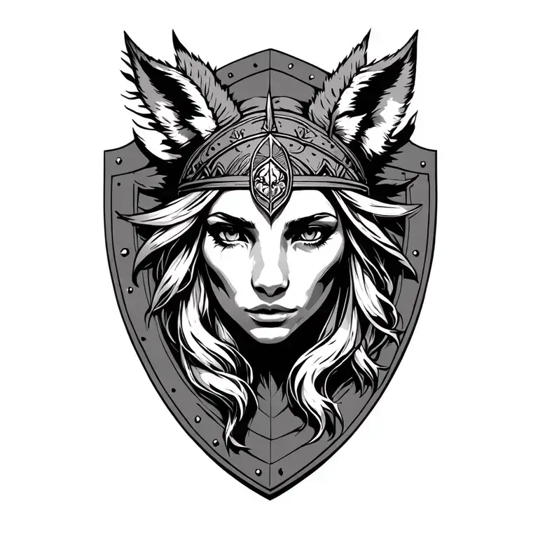 shield maiden face with animal headdress. tattoo design idea