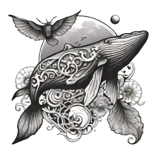 Tattoo design with combination of moon, sea, whale, butterfly and karma tattoo design idea