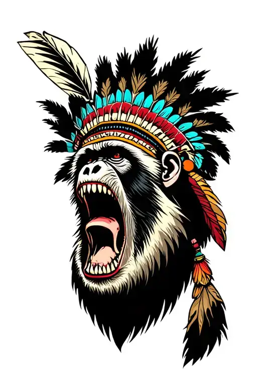screaming scary baboon with big teeth wearing a native headdress just the head no body  tattoo design idea