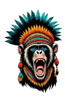 screaming scary baboon with big teeth wearing a native headdress just the head no body  tattoo design idea