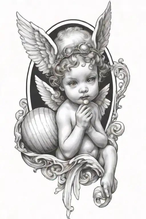 A baby angel with two horns above her head ,holding a diamond a shell which has a pearl in it  tattoo design idea
