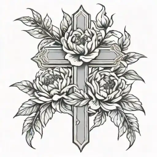 Cross (two simple thick lines) with peonies on a vine wrapped around the cross tattoo design idea