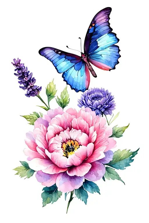 pink peony,lavender chrysanthemum, and blue butterfly tattoo design idea