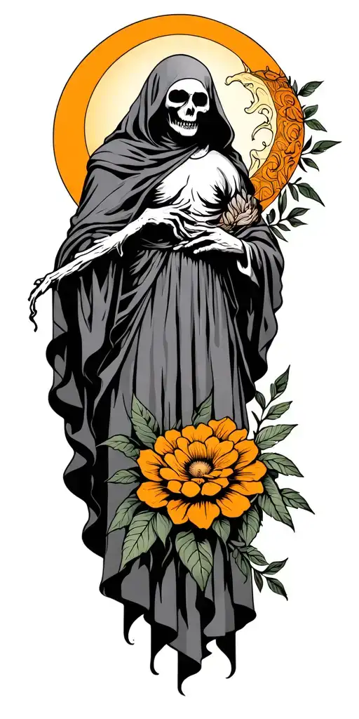 grim reaper full body with sun and moon with flowers tattoo design idea
