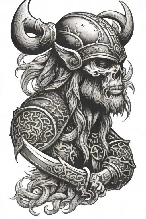 viking with bear skull soft shading tattoo design idea