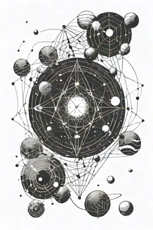 geometry with space, planets, pulsar in thin lines with geometric shapes tattoo design idea