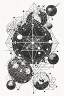 geometry with space, planets, pulsar in thin lines with geometric shapes tattoo design idea