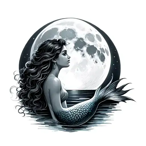 mermaid looking up at waxing gibbous moon tattoo design idea