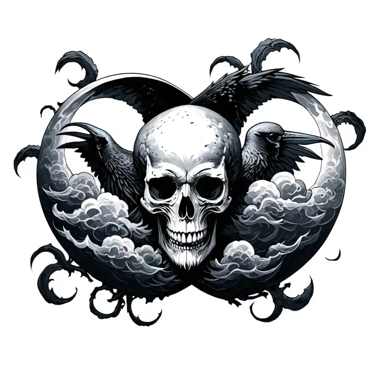 raven half moon skull clouds tattoo design idea