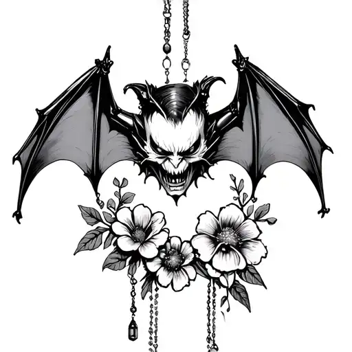 Upsidedown Hanging creepy angry bat with jewelry and flowers tattoo design idea