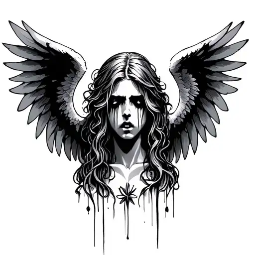 crying fallen angel with wings tattoo design idea