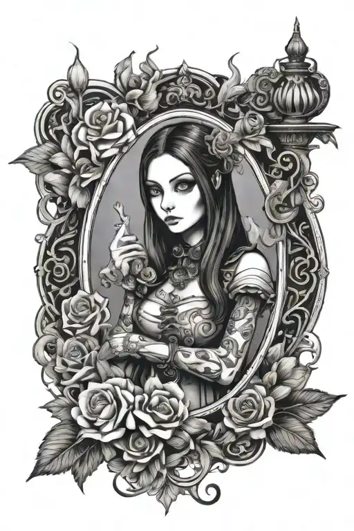 Alice madness returns with steam punk and flowers intertwined in a tarot card style frame tattoo design idea
