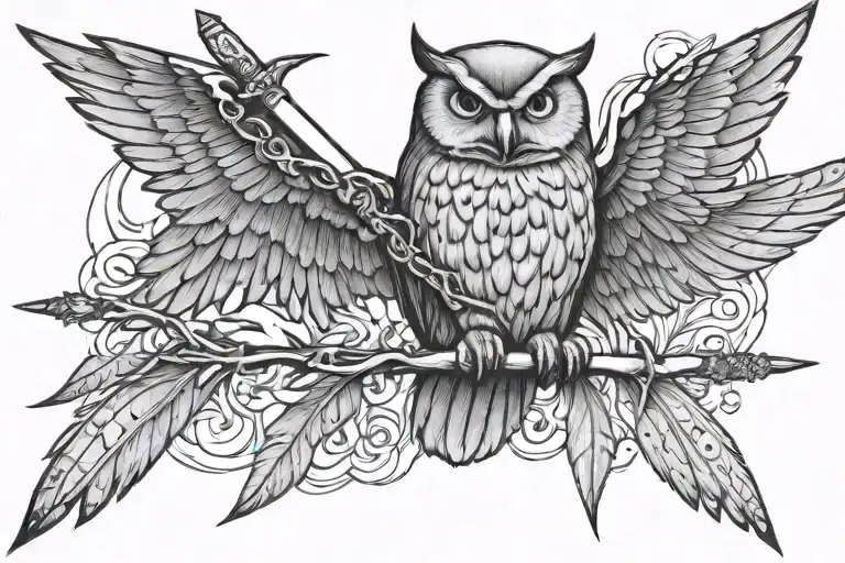 spear and torch crossed behind one owl flying tattoo design idea