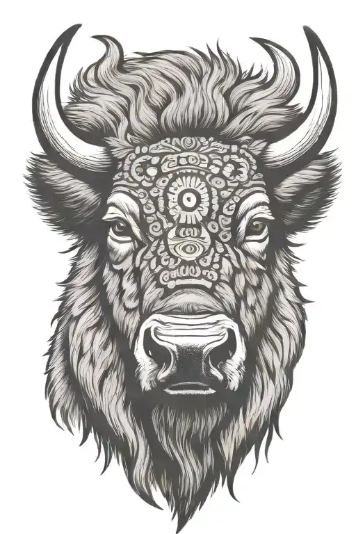 bison head portrait, frontal view. hippy vibes tattoo design idea