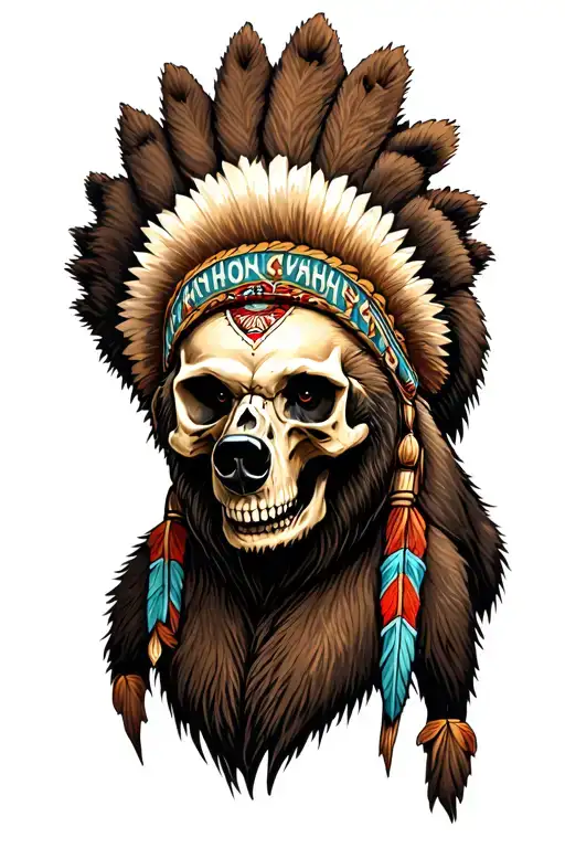 skull with aggressive grizzly bear headdress being worn tattoo design idea