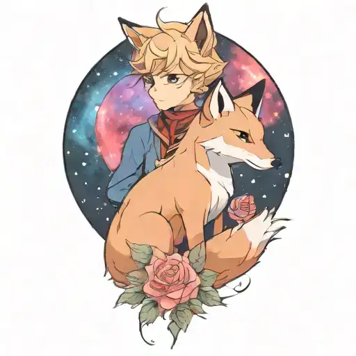 little prince, together with a rose, and a fox, side by side looking at the galaxy tattoo design idea