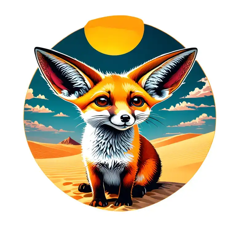 A playful fennec fox in a sunlit desert, glowing sand and big sky. Bold digital style, warm tones, energetic and golden. tattoo design idea