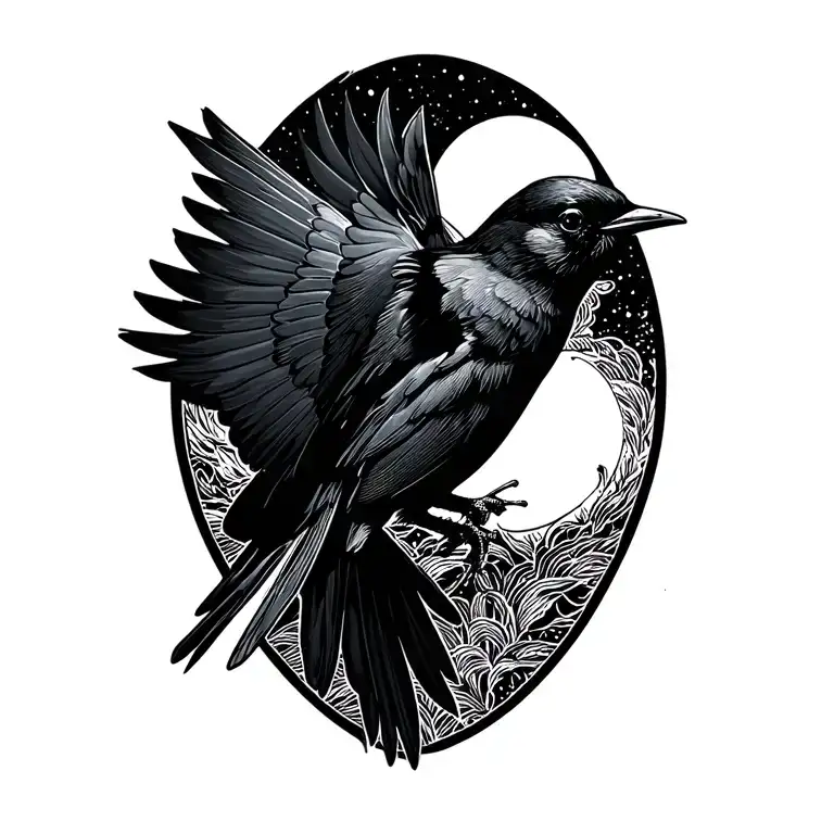 blackbird flying at night tattoo design idea