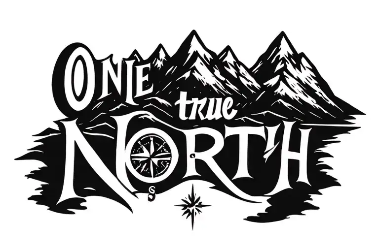"One true North" compass sunset mountains panorama tattoo design idea
