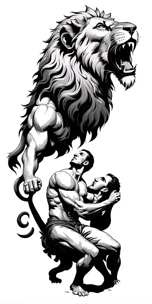 god talking to a man with a lion roaring tattoo design idea