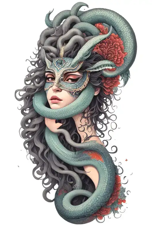 medusa goddess with oni mask, hair snakes tattoo design idea