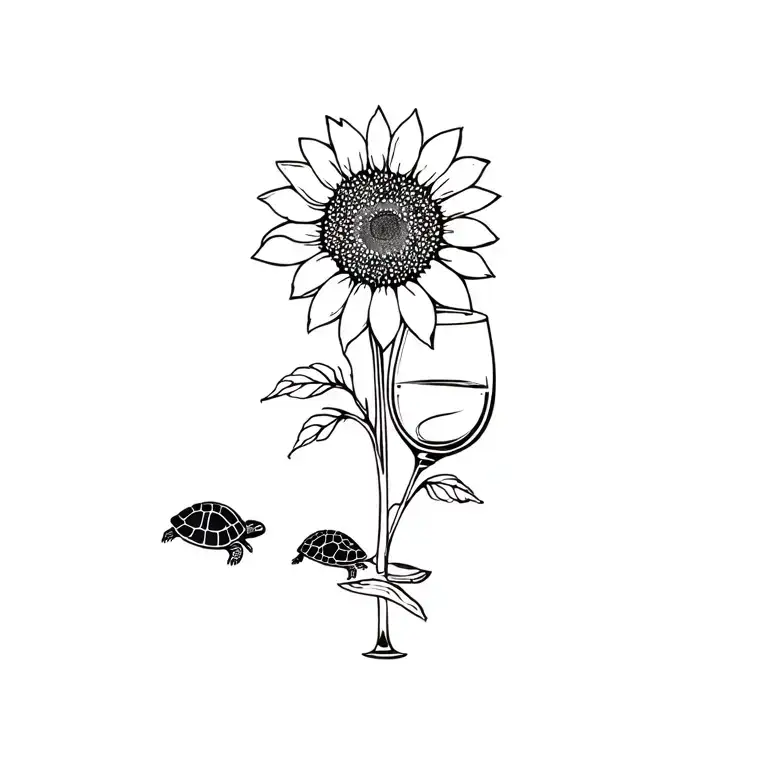 Sunflower and turtle and glass of wine glass tattoo design idea