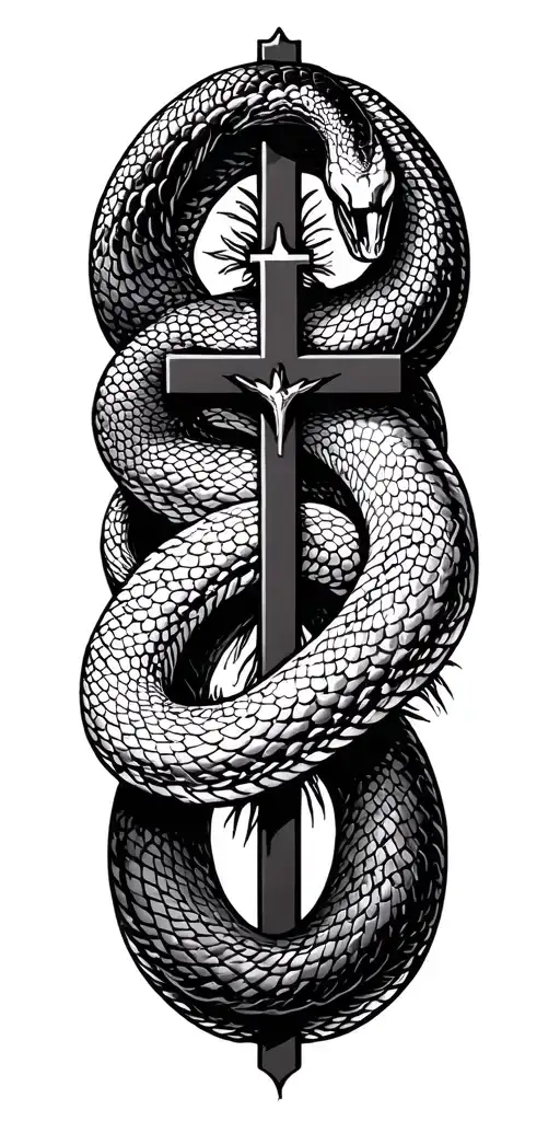 Vector elongated snake silhouette snake bodies wrapped around crucifix dark blackwork gothic tattoo design idea