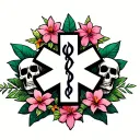 "Memento Mori " "Memento Mori " "Memento Mori " EMS star of life surrounded by Hawaiian flowers and leaves with skulls tattoo design idea